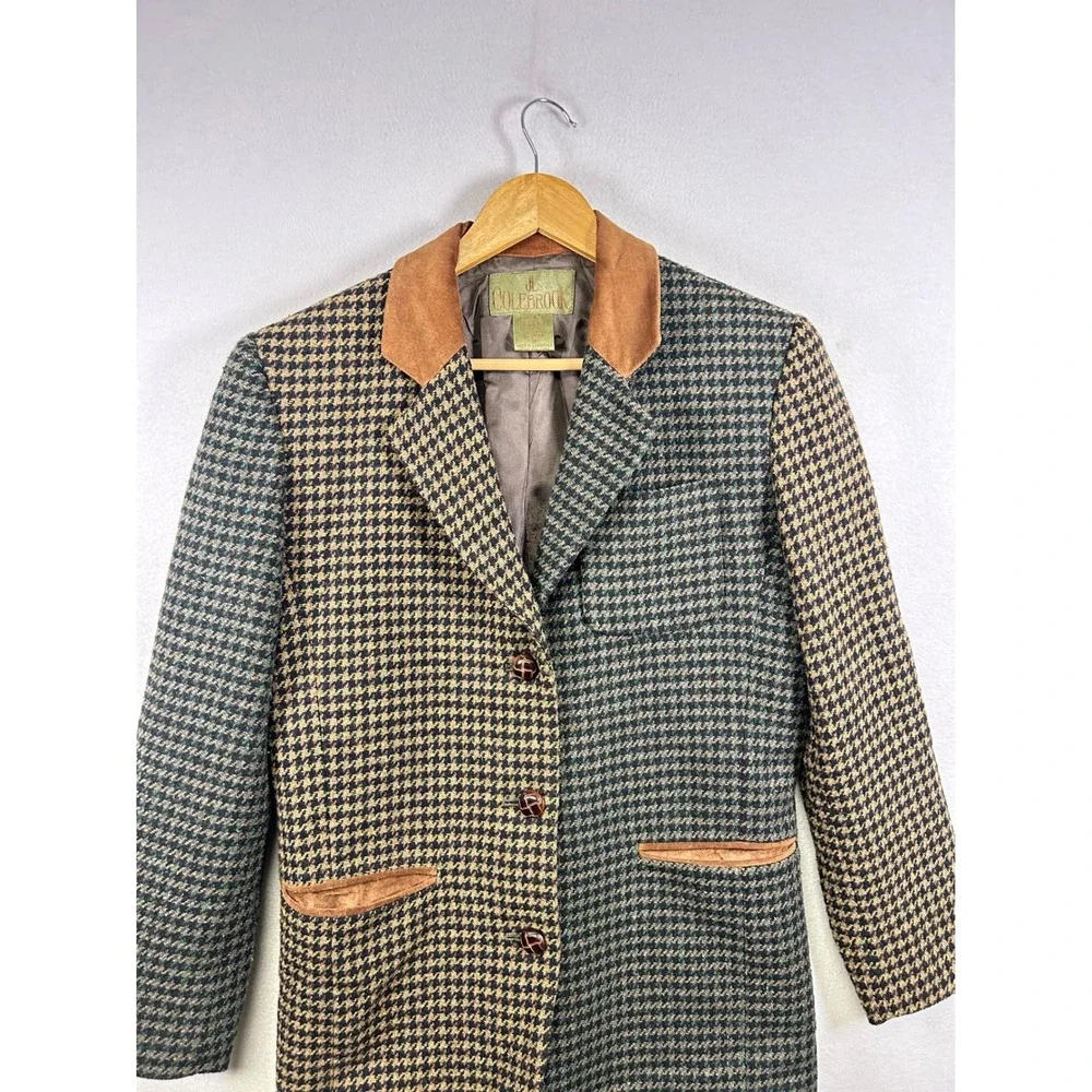 Vintage JL‎ Colebrook Blazer Women 6 Green Tan Houndstooth Wool Blend Suede Trim
